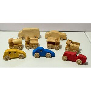 Wooden Cars Nine (9) Pieces Assorted Sizes Movable Wheels All Working Good Shape